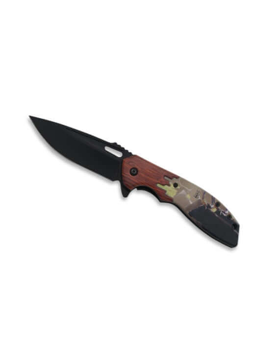 Couteau Taureau de Camargue Lame 9cm avec manche à motif taureau et lame en inox repliable.