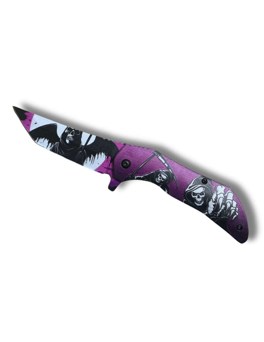 Couteau pliant ouverture assistée Purple Death lame 9cm+clip-ceinture avec design fantasy en noir et violet.