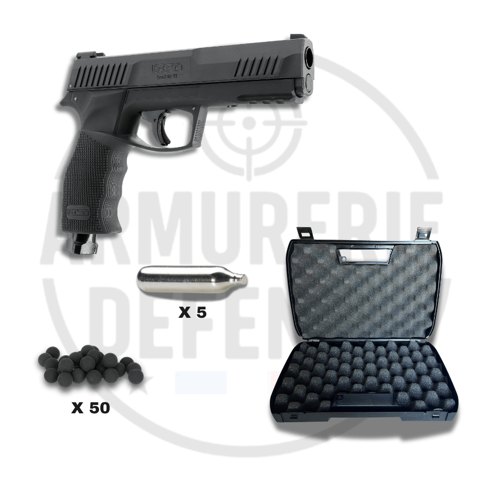T4E Pack TP50 13J (TP50+50 bb+5 Co2+mallette) avec pistolet CO2, balles, cartouches CO2 et mallette de rangement.