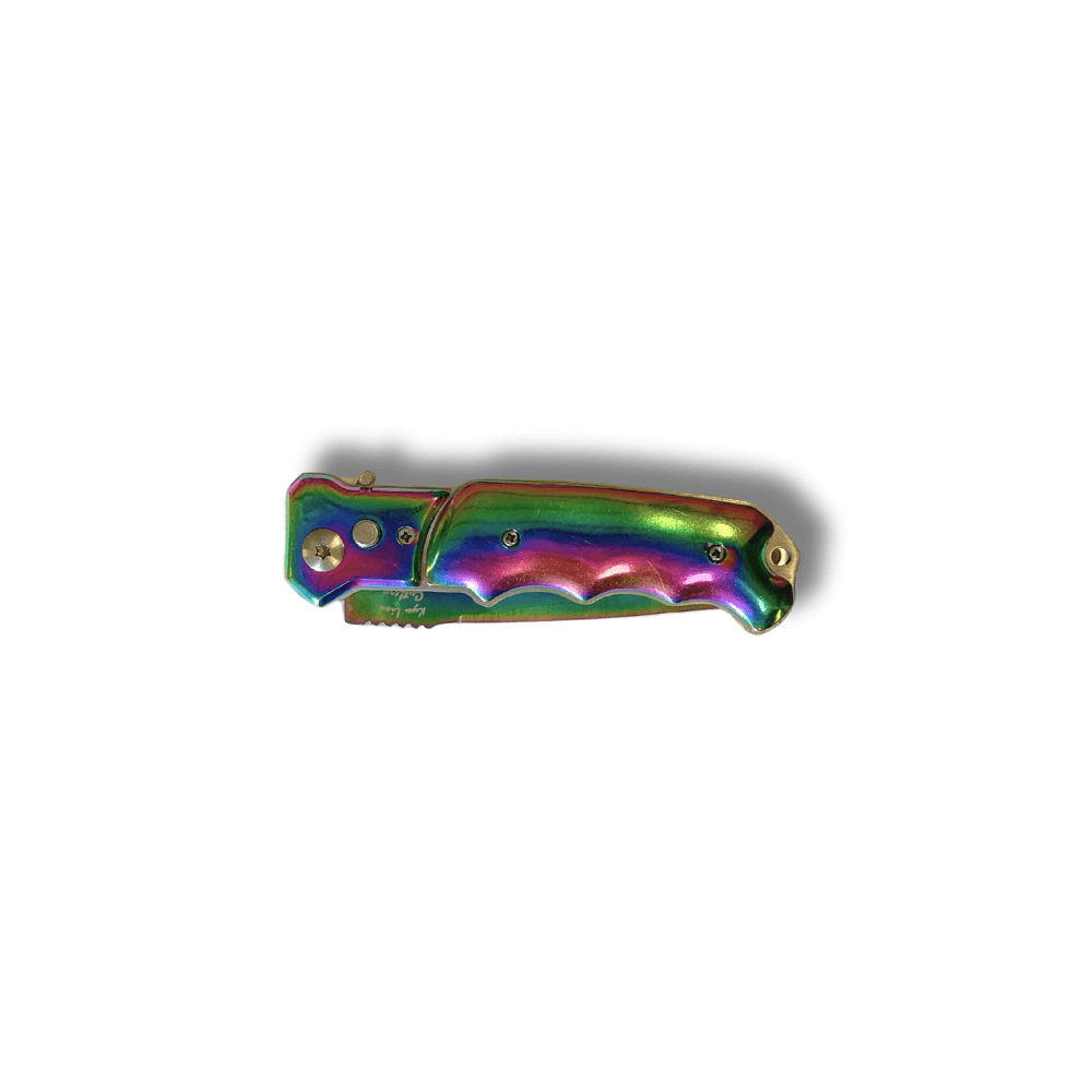 Couteau Métal anodisé manche ergonomique Lame 9cm avec un design multicolore et clip ceinture intégré.