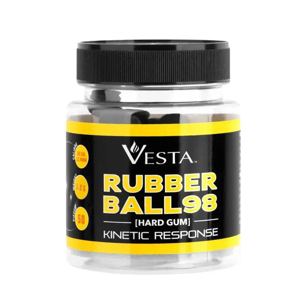 Vesta Defense Boîte de 50 balles caoutchouc dures 98 Cal. 0.50 contenant des projectiles en caoutchouc dur.