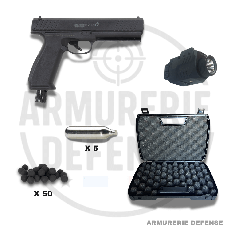 Pack Vesta PDW50 17J C1 avec pistolet CO2, lampe tactique, cartouches et projectiles.