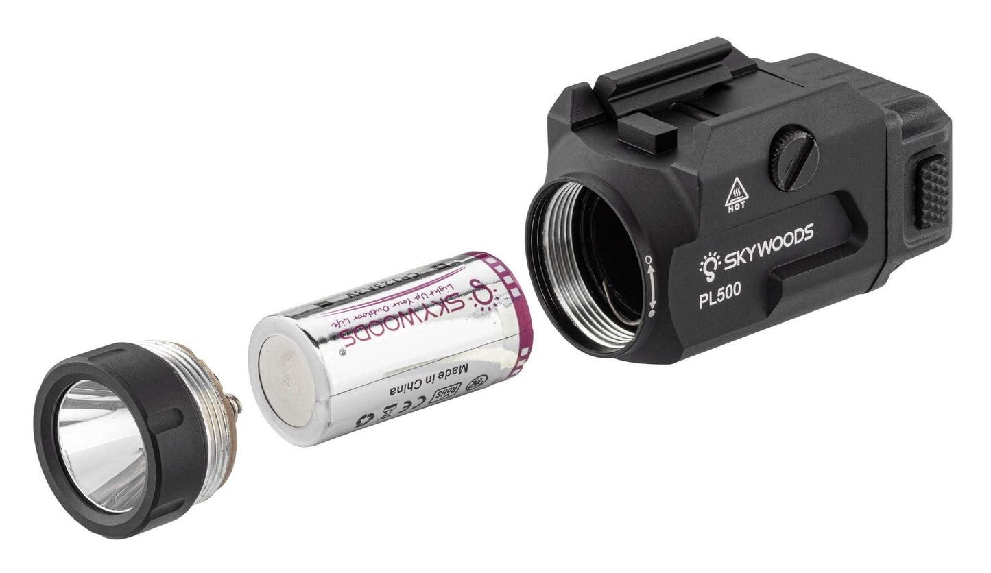 Skywoods Lampe tactique Rafale 500 Lm IP65 avec batterie détachable pour une meilleure performance.