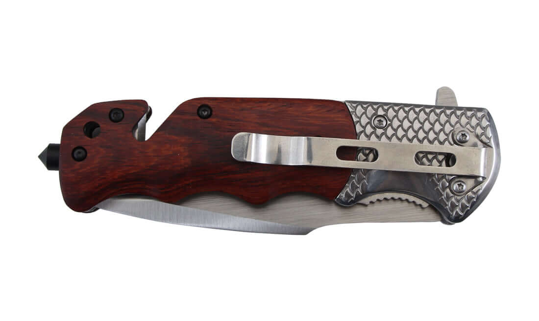 Couteau pliant Stinger Scirocco ST1 Lame 9,7cm coupe-ceinture/clip/BV en métal et bois.