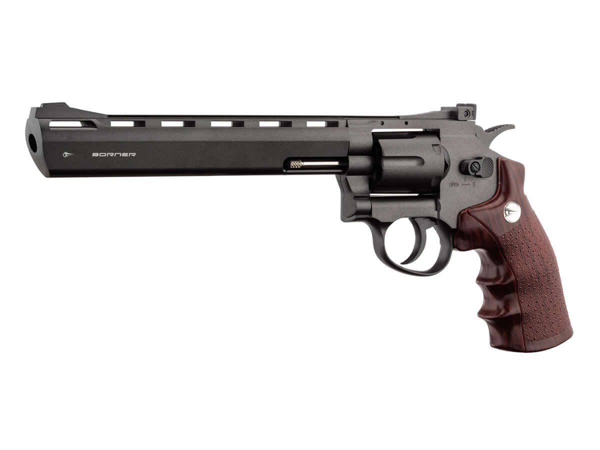revolver CO2 4.5 mm à billes acier Borner Super Sport 703 avec poignée en bois et longue canon.