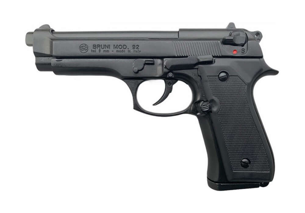 Bruni 92 9mm P.A.K Noir C12 - pistolet semi-automatique à blanc avec finition noire, idéal pour la dissuasion.