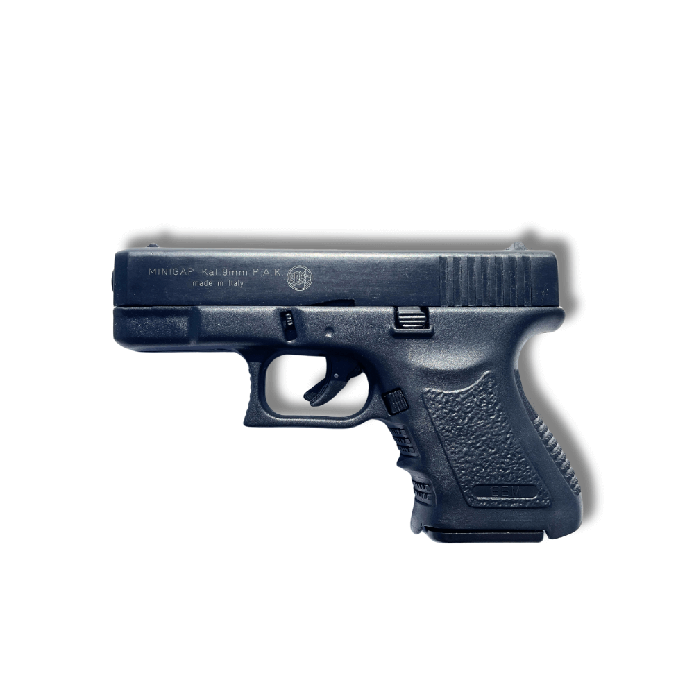 Bruni Mini 9mm P.A.K Noir C12 - pistolet compact à blanc fabriqué en Italie, robustesse et discrétion.