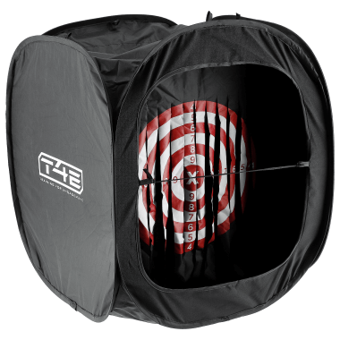 CIBLE POP-UP T4E 20 J MAX - Cible en tissu pop-up T4E avec motif de cible rouge et blanc, résistante jusqu'à 20 joules.