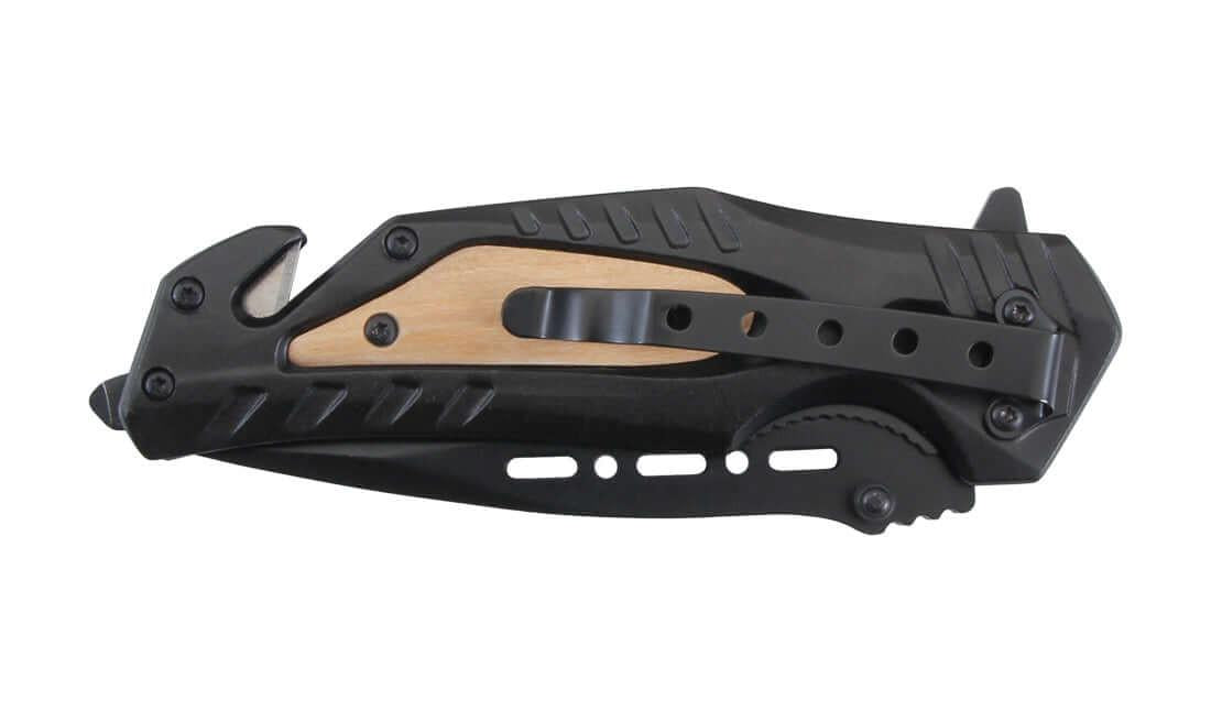 Couteau pliant Stinger Bora ST3 Lame 9,7cm avec coupe-ceinture/clip vu de côté, design noir et bois.