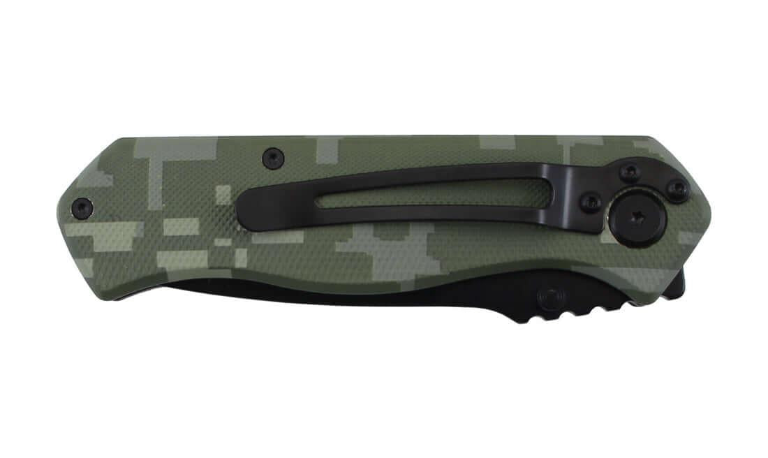 Couteau pliant Stinger Bora ST5 Lame 8,2cm avec Clip-ceinture, modèle compact, fiable en camouflage.