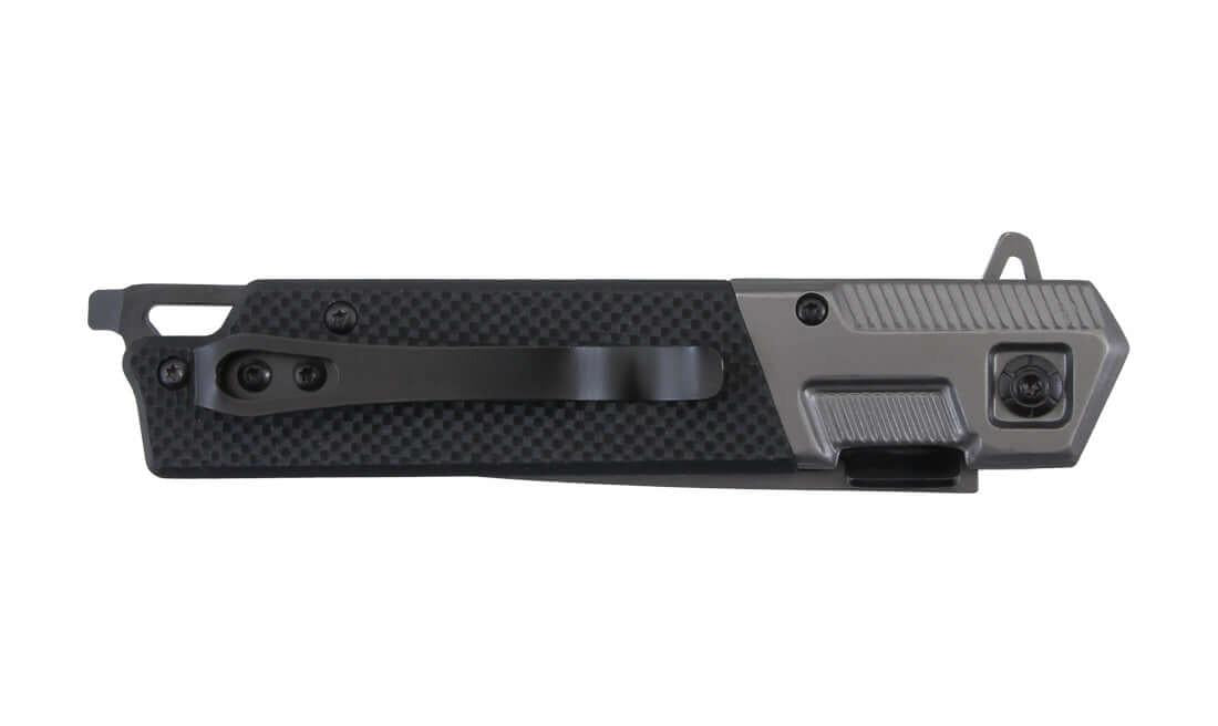 Couteau pliant tactique noir et gris avec clip ceinture et brise-vitre intégré.