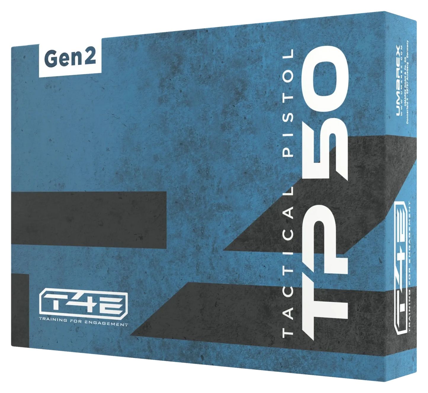 PIST T4E TP50 GEN.2 CAL 50 - 7.5 J packaging design showing tactical pistol branding and features.