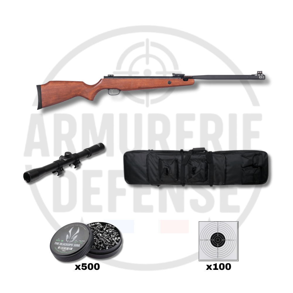 Pack carabine Umarex R-Force Wood 19,9J with accessories including pellets and scope.