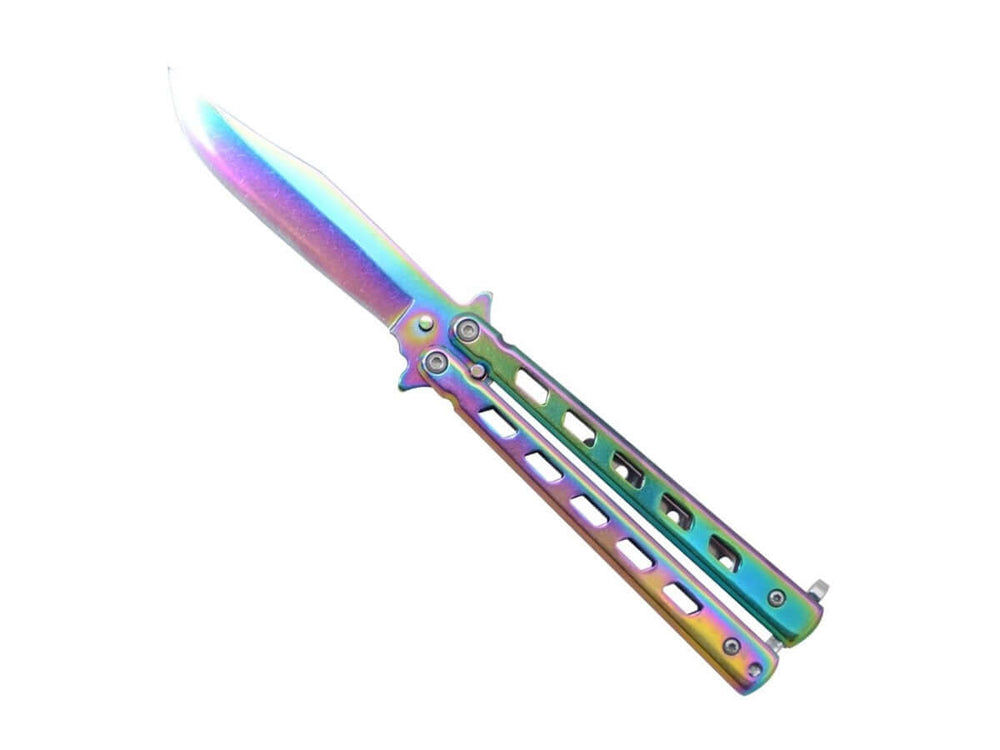 Couteau papillon ajouré anodisé Lame 8cm avec une lame colorée et un manche ajouré multicolore.