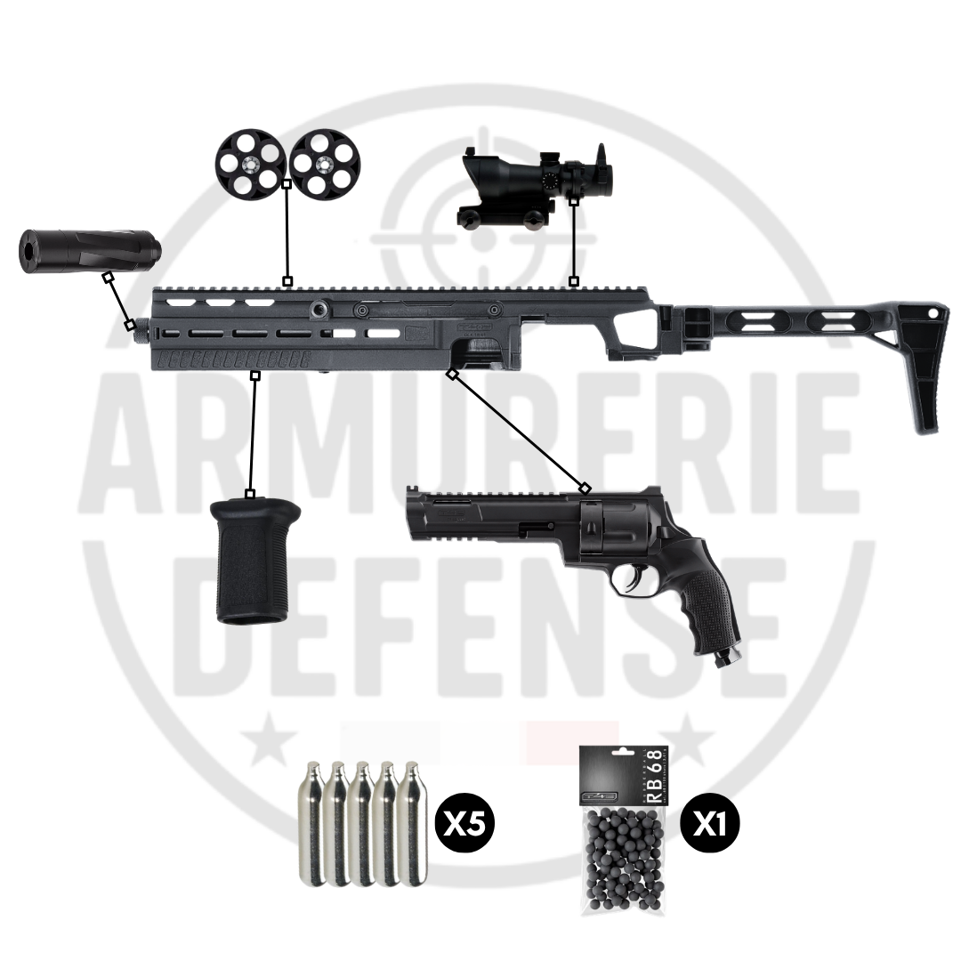 Pack complet T4E TR68 cal.68 avec pistolet, accessoires, cartouches et billes.