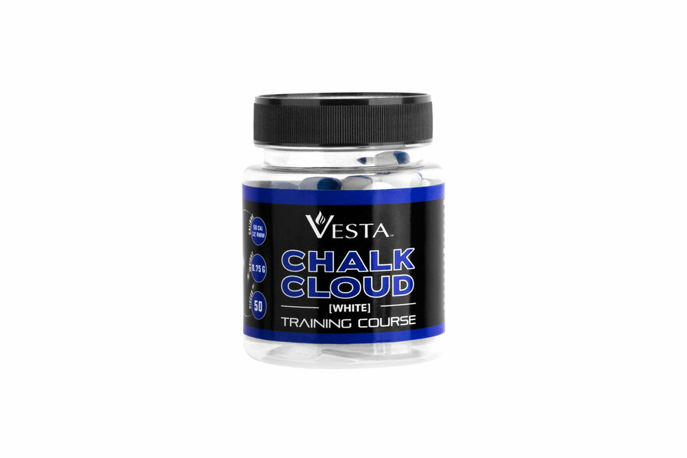 billes VESTA Chalk Cloud Cal.50 in a clear jar, designed for tactical training with colorful powder effect.