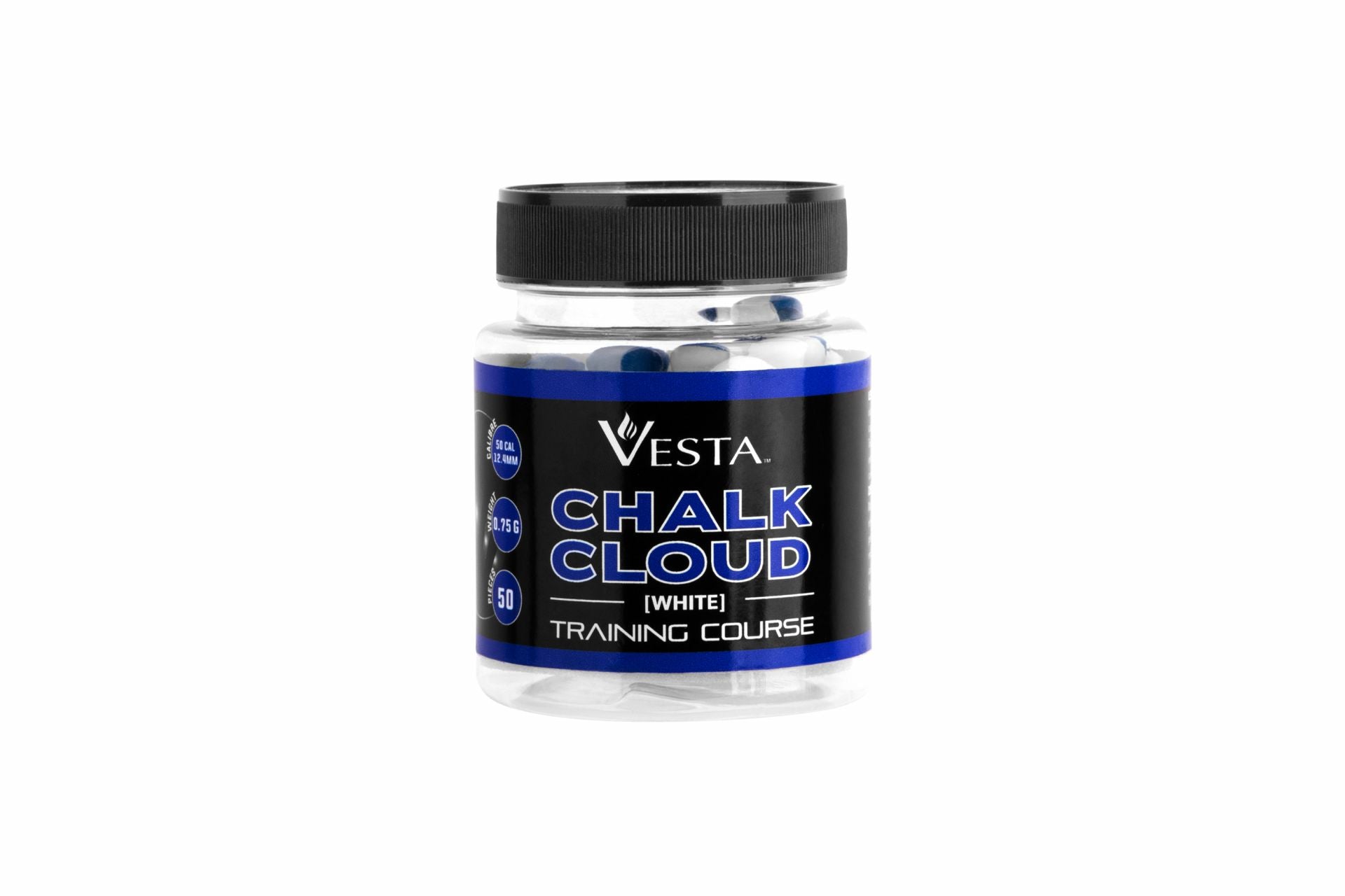 billes VESTA Chalk Cloud Cal.50 in a clear jar, designed for tactical training with colorful powder effect.