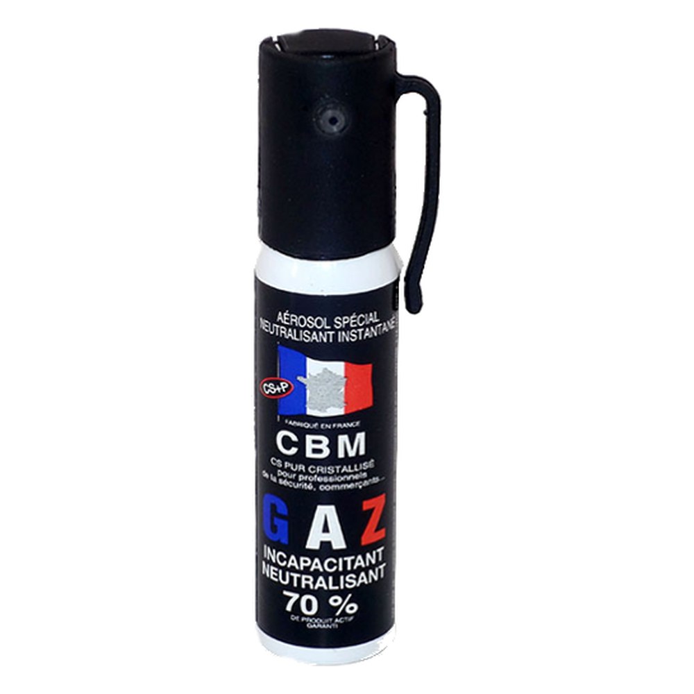 Aérosol de défense GAZ 25ML CS, spray lacrymogène de poche avec clip de fixation.