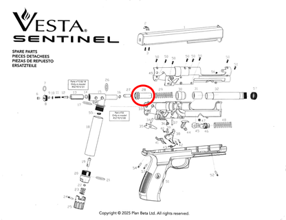 Dessin technique des pièces détachées Vesta SENTINEL/PDW50, comprenant joints et ressorts.