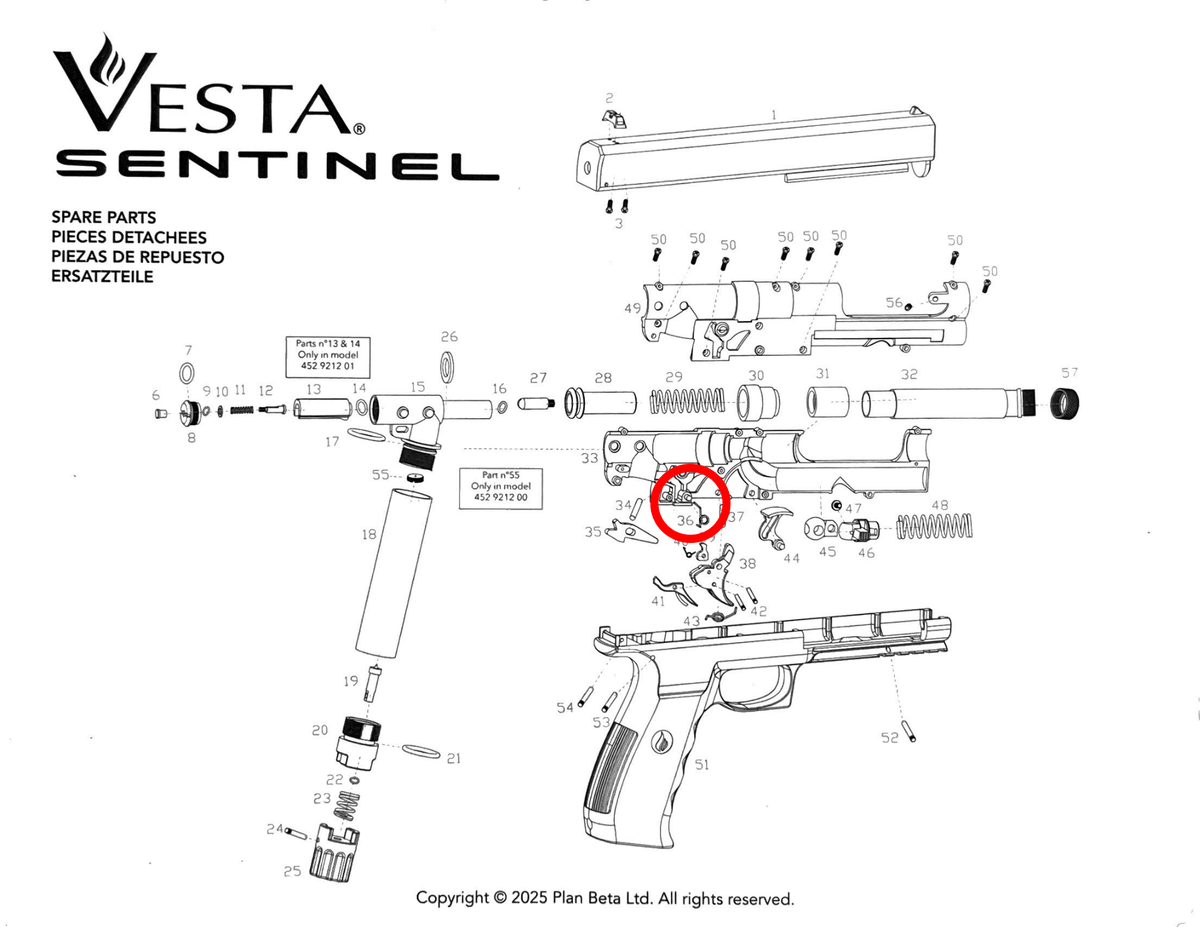 pièces détachées Vesta Sentinel/PDW50 – Schéma des composants de rechange pour entretien.