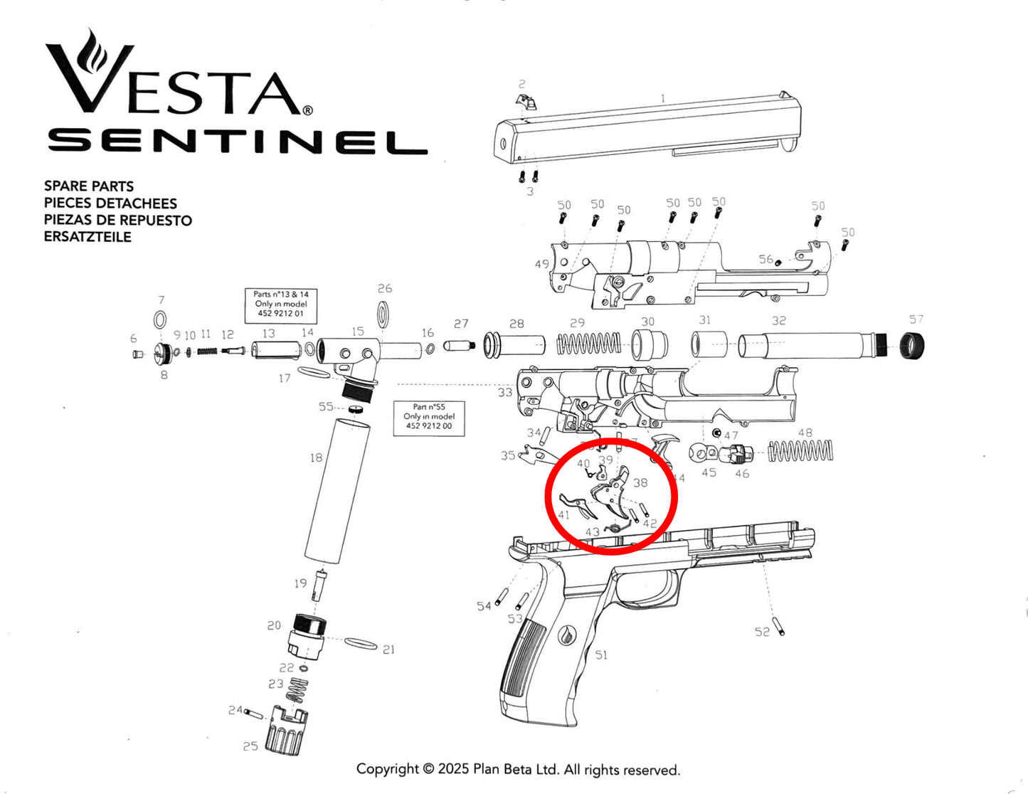 Pièces détachées Vesta SENTINEL/PDW50 schéma d'illustration pour entretien et réparation des armes de défense.