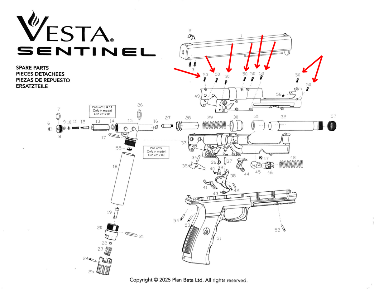 Schéma des pièces détachées Vesta Sentinel/PDW50 montrant les composants essentiels de remplacement.