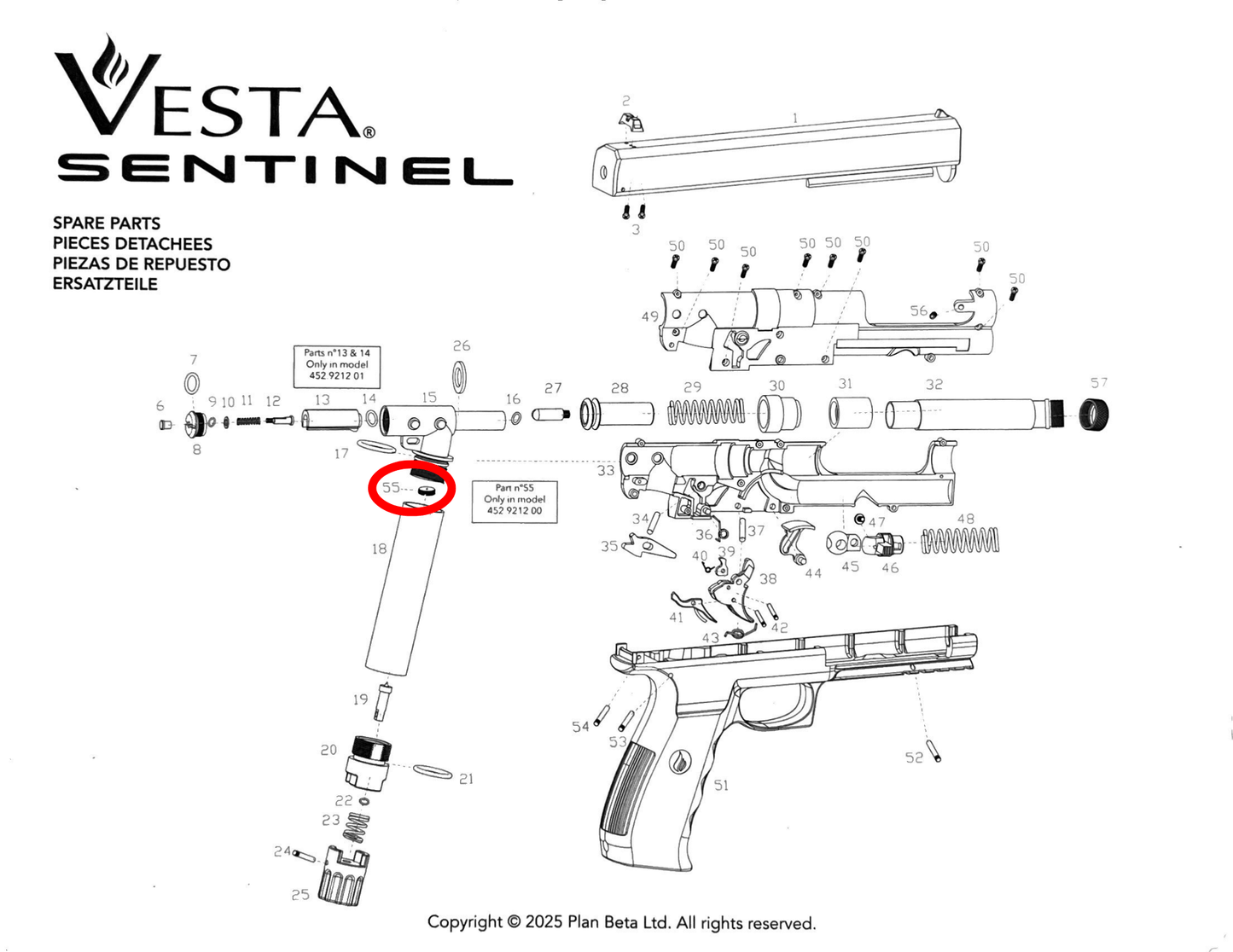 Pièces détachées Vesta SENTINEL/PDW50 schéma des composants de l'arme de défense.