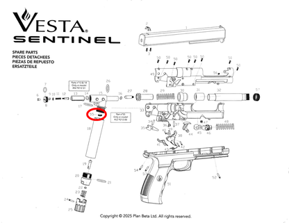 Pièces détachées Vesta SENTINEL/PDW50 schéma des composants de l'arme de défense.