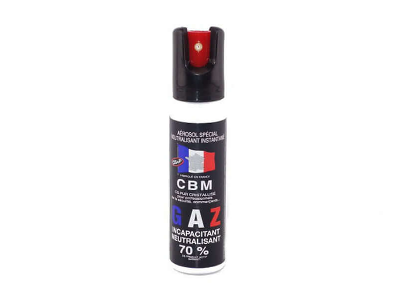 Aérosol de défense GAZ 25ML CS Capot 1/4 de tour, spray lacrymogène compact avec activation rapide.