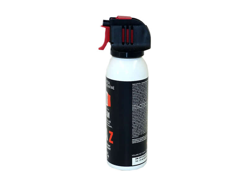 Aérosol de défense GAZ 100ML CS Accusol vue latérale avec bouton de pulvérisation rouge