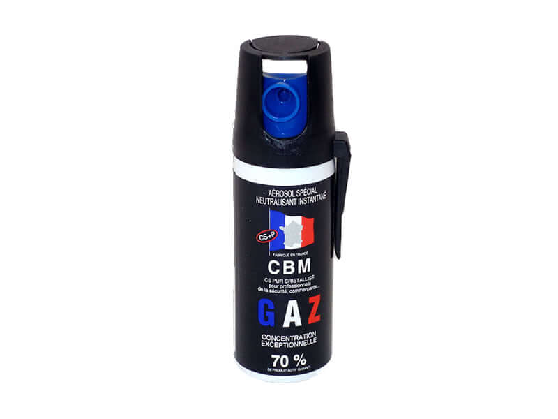 Aérosol de défense GAZ 50ML CS, spray lacrymogène compact de protection personnelle.