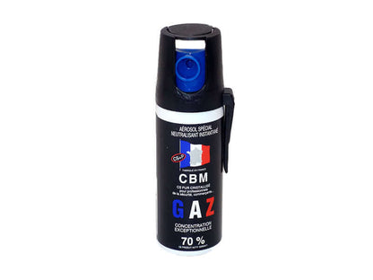 Aérosol de défense GAZ 50ML CS, spray lacrymogène compact de protection personnelle.