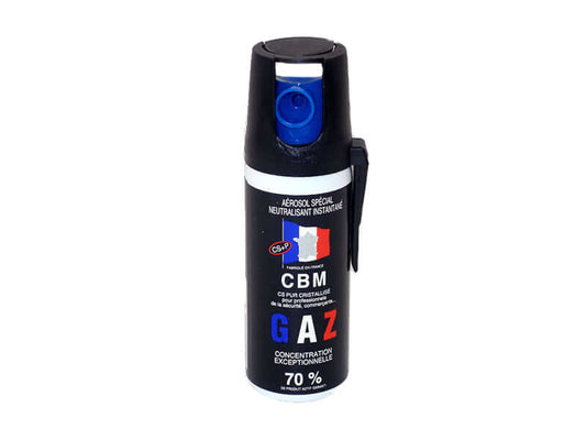 Aérosol de défense GAZ 50ML CS, spray lacrymogène compact de protection personnelle.