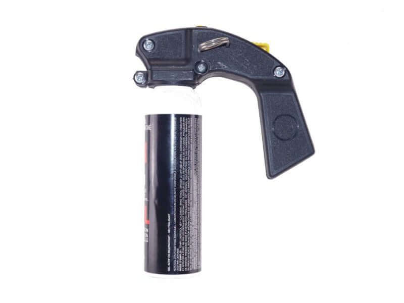 Aérosol de défense GEL 100ML CS Poignée Standard vue de côté avec poignée de maintien et cartouche.