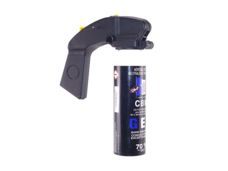 Aérosol de défense GEL 100ML CS Poignée Standard avec poignée noire, parfait pour la dissuasion.