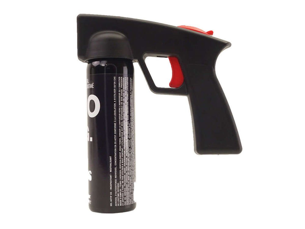 Aérosol de défense GEL 100ML CS Poignée NG (15sec 6m) avec poignée noire et cartouche de gaz lacrymogène.