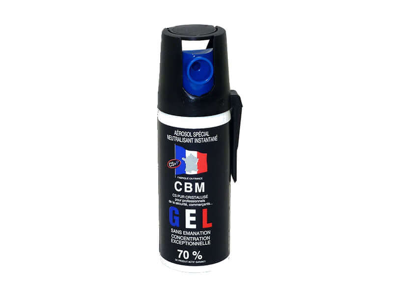 Aérosol de défense GEL 50ML CS dans un flacon compact de 50 ml, idéal pour la défense personnelle quotidienne.