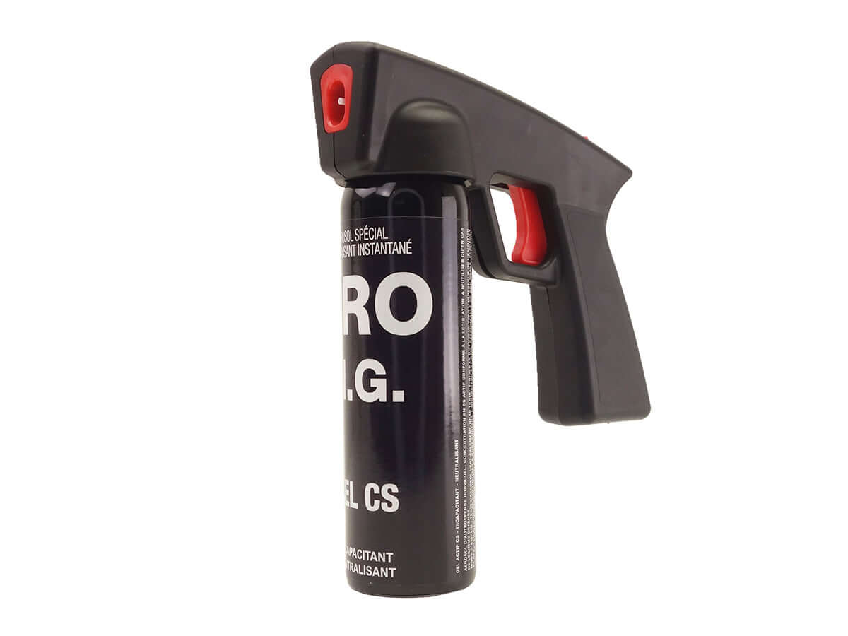Aérosol de défense GEL 100ML CS Poignée NG (15sec 6m) avec une poignée ergonomique et un design compact.