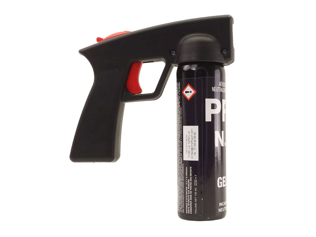 Aérosol de défense GEL 100ML CS Poignée NG (15sec 6m) avec un design ergonomique et pulvérisation sous forme de gel.