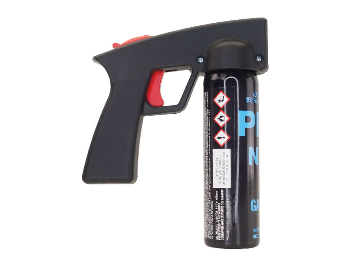 Aérosol de défense GAZ 100ML CS Poignée NG (22sec 5m) avec poignée noire et cartouche de gel CS.