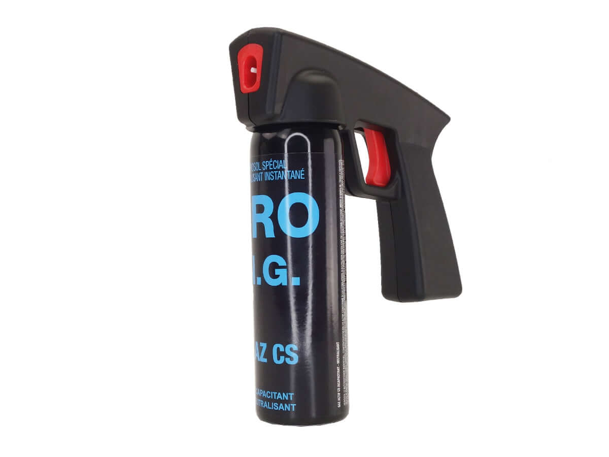 Aérosol de défense GAZ 100ML CS Poignée NG (22sec 5m) avec poignee ergonomique et jet de gel lacrymogène.