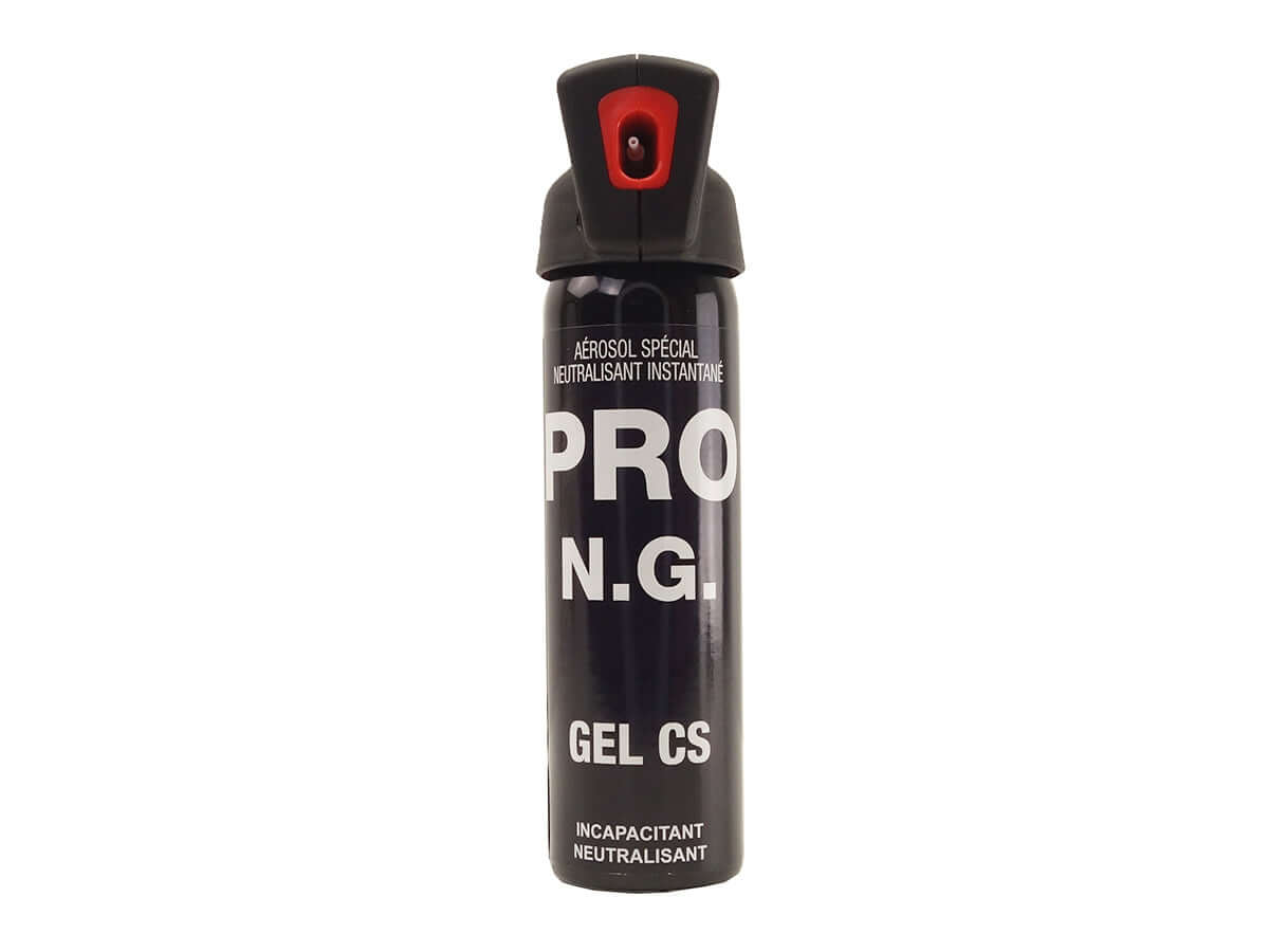 Aérosol de défense GEL 100ML CS Poignée NG (15sec 6m) en position verticale, bouteille noire et rouge.