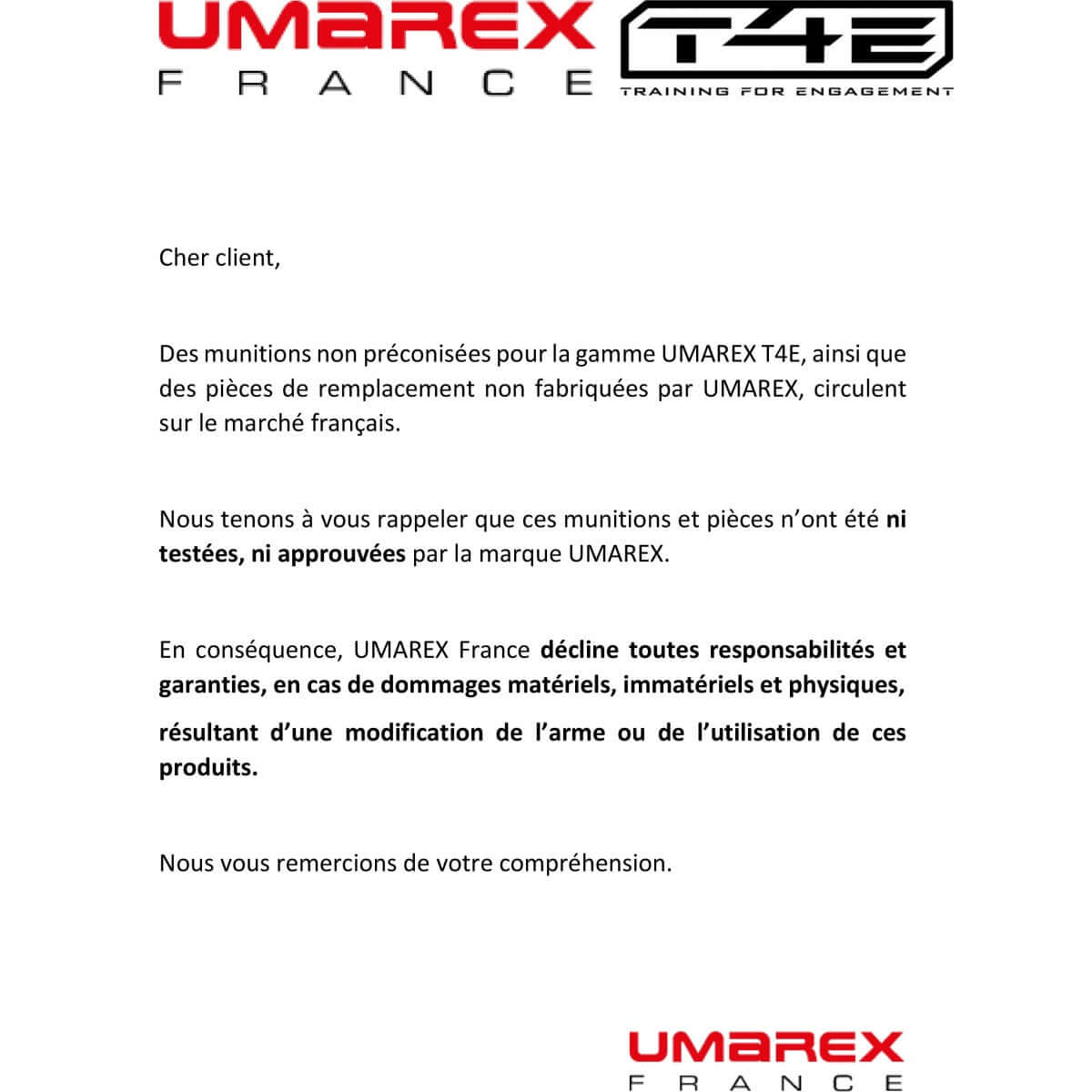 Lettre d'avertissement d'UMAREX concernant les munitions non approuvées pour la gamme T4E.