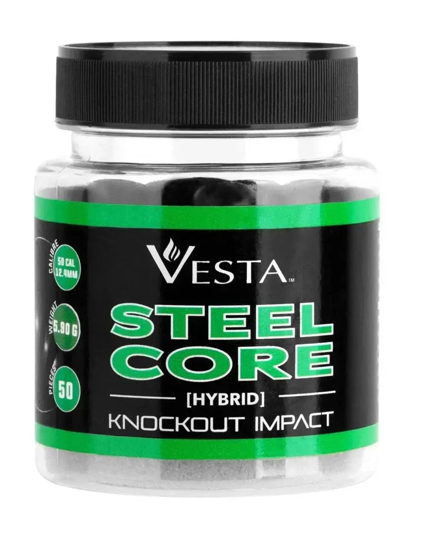 billes VESTA STEEL CORE CAL.50 en pot avec étiquette noire et verte, projectiles haute densité.