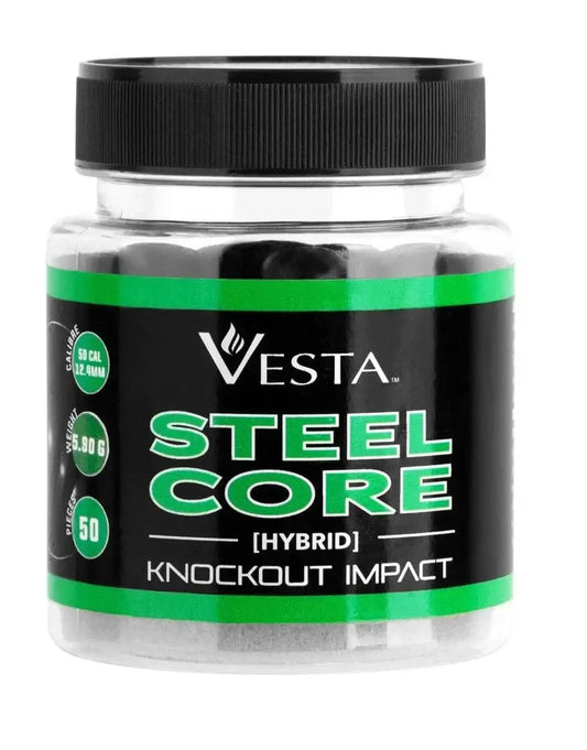 billes VESTA STEEL CORE CAL.50 dans un pot, projetiles haute densité haute performance