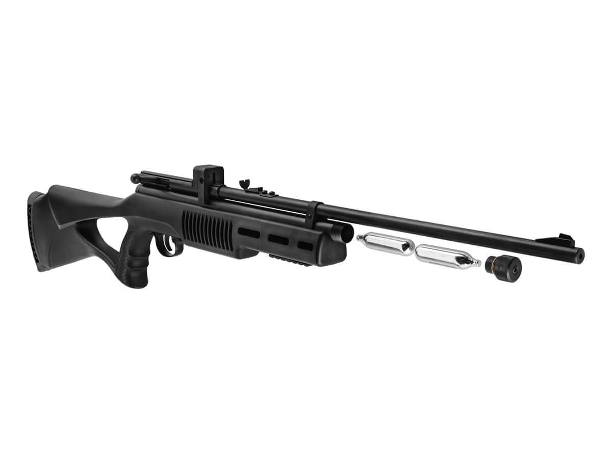 Beeman Carabine QB78S 4.5mm(.177) CO2 Synthétique 9.9J en vue latérale avec cartouches de CO2 à côté.