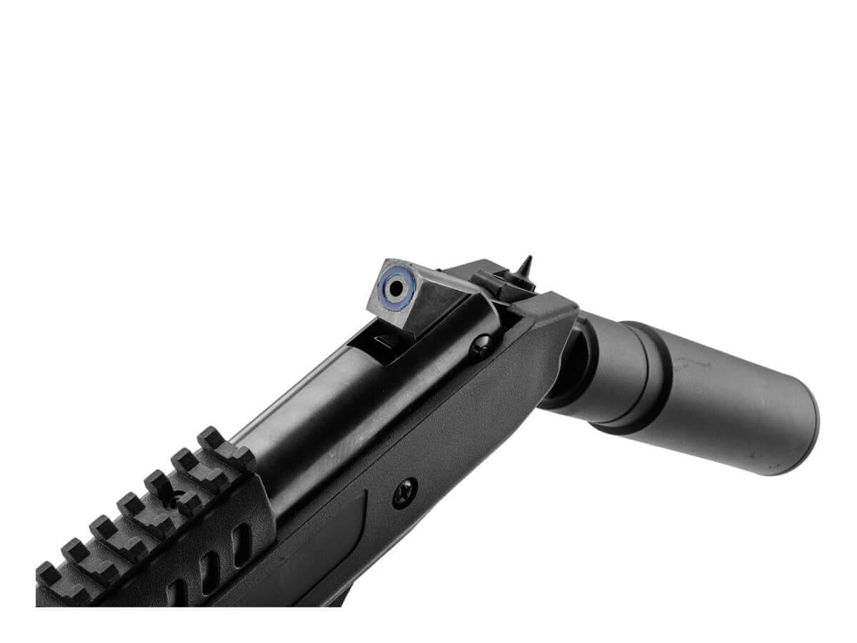 BLACKOPS Pistolet break barrel Langley Silencer 5.5mm(.22) 7J close-up view showing barrel and silencer