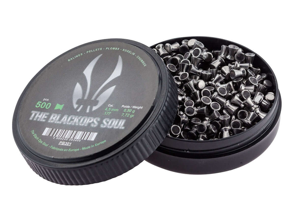 BLACKOPS Plombs plats 4.5mm(.177) (x500) en boîte, idéale pour le tir sur cible, contenants bien rangés.