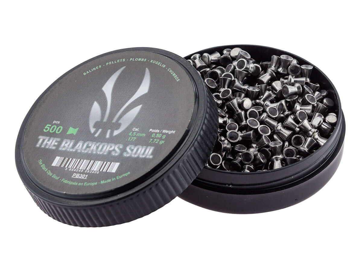 BLACKOPS Plombs plats 4.5mm(.177) (x500) en boîte, idéale pour le tir sur cible, contenants bien rangés.