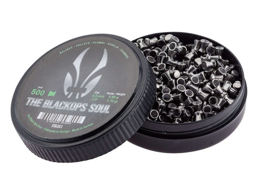 BLACKOPS Plombs plats 4.5mm(.177) (x500) dans une boîte noire, idéale pour le tir sur cible.